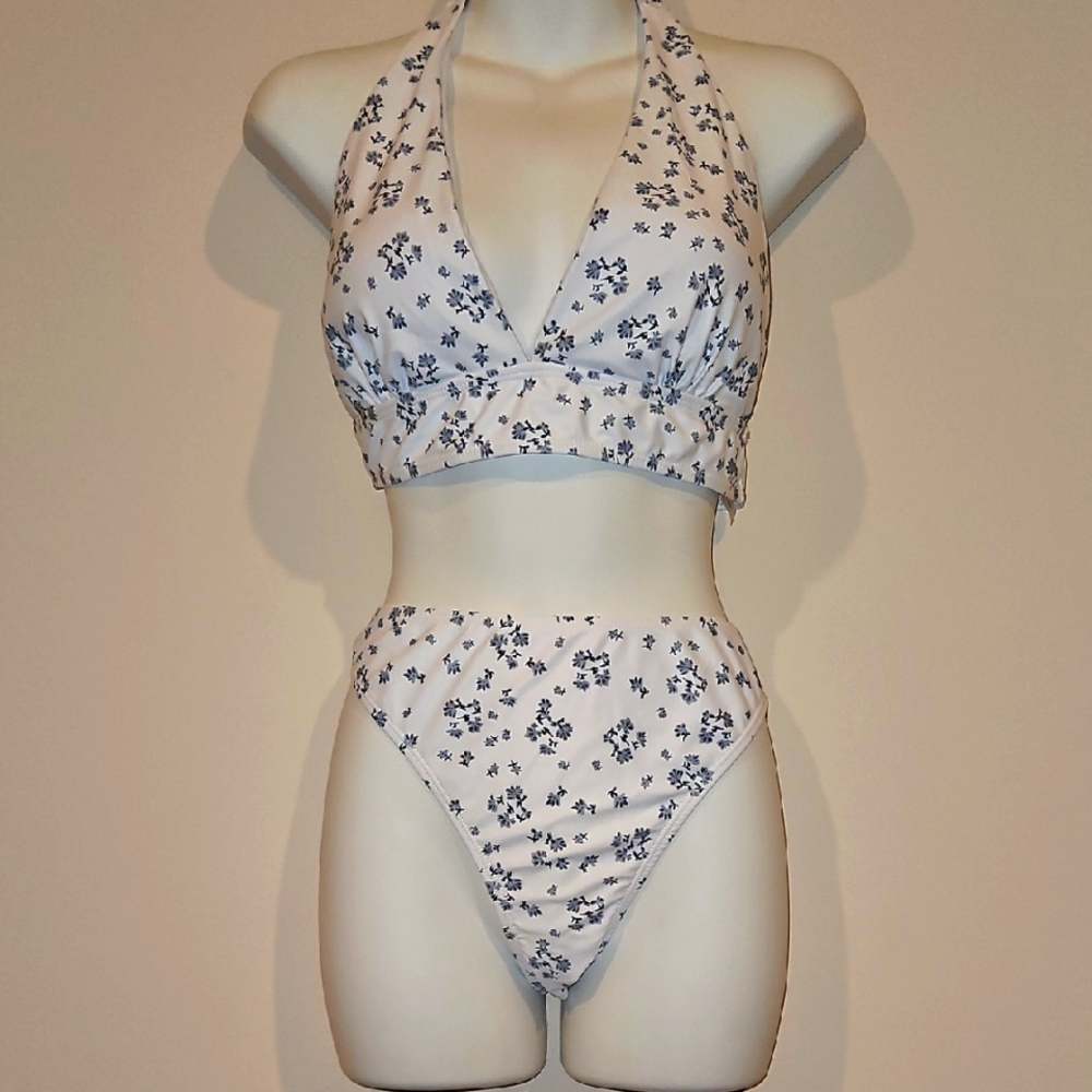 Floral Halter Bikini Set - White and Black